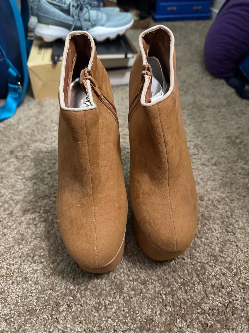 Bumper Tan Suede Wedge Ankle Boots with Sculptural Studded Spiked Cutout Heel